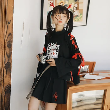 

Focal20 Streetwear Mask Fox Demon Devil Print Women Sweatshirt Lace Up Loose Lady Tracksuit Black Autumn Women Pullovers