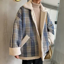 Winter Jacket Men's Warm Fashion Parka Men Retro Plaid Woolen Coat Mens Streetwear Loose Thick Lambskin Jacket Male Clothes