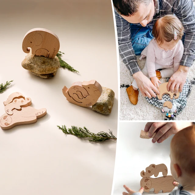 1 Set Baby Teether Food Grade Wooden Blocks Baby Montessori Educational Toys for Children Creative Animal Jigsaw Stacking Toys 5