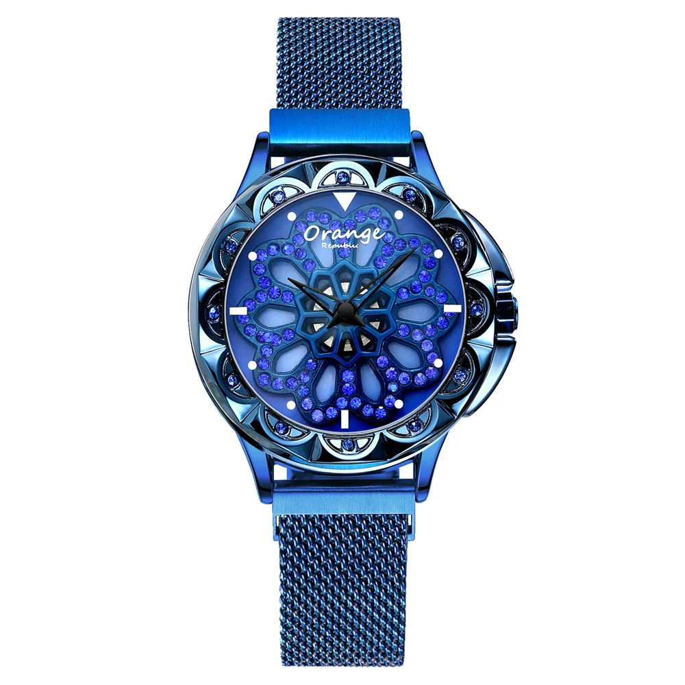 602-BLUE FLOWER Оранжевый бренд Топ класса люкс Япония MIYOTA Кварцевые 360 ° вращающиеся лепестки женские Часы Дамские подарки нержавеющая сталь водонепроницаемые часы - Цвет: 602-BLUE FLOWER