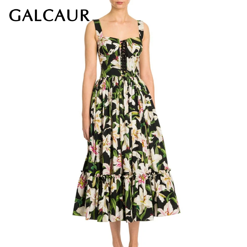 

GALCAUR Summer Print Dress For Women Spaghetti Strap Strapless Sleeveless High Waist A-line Dresses Female 2019 Fashion New