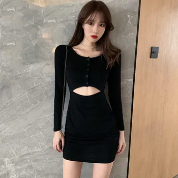 

Sexy Slim Dress Fashion Korean Solid Color High Waist Exposed Waist Dress For Women