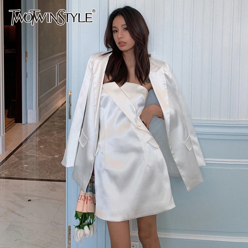 TWOTWINSTYLE Satin Two Piece Set For Women Tube High Waist Mini Dress Lapel Long Sleeve Blazer White Sets Female 2020 Summer New TWOTWINSTYLE Satin Two Piece Set For Women Tube High Waist Mini Dress Lapel Long Sleeve Blazer White Sets Female 2020 Summer New