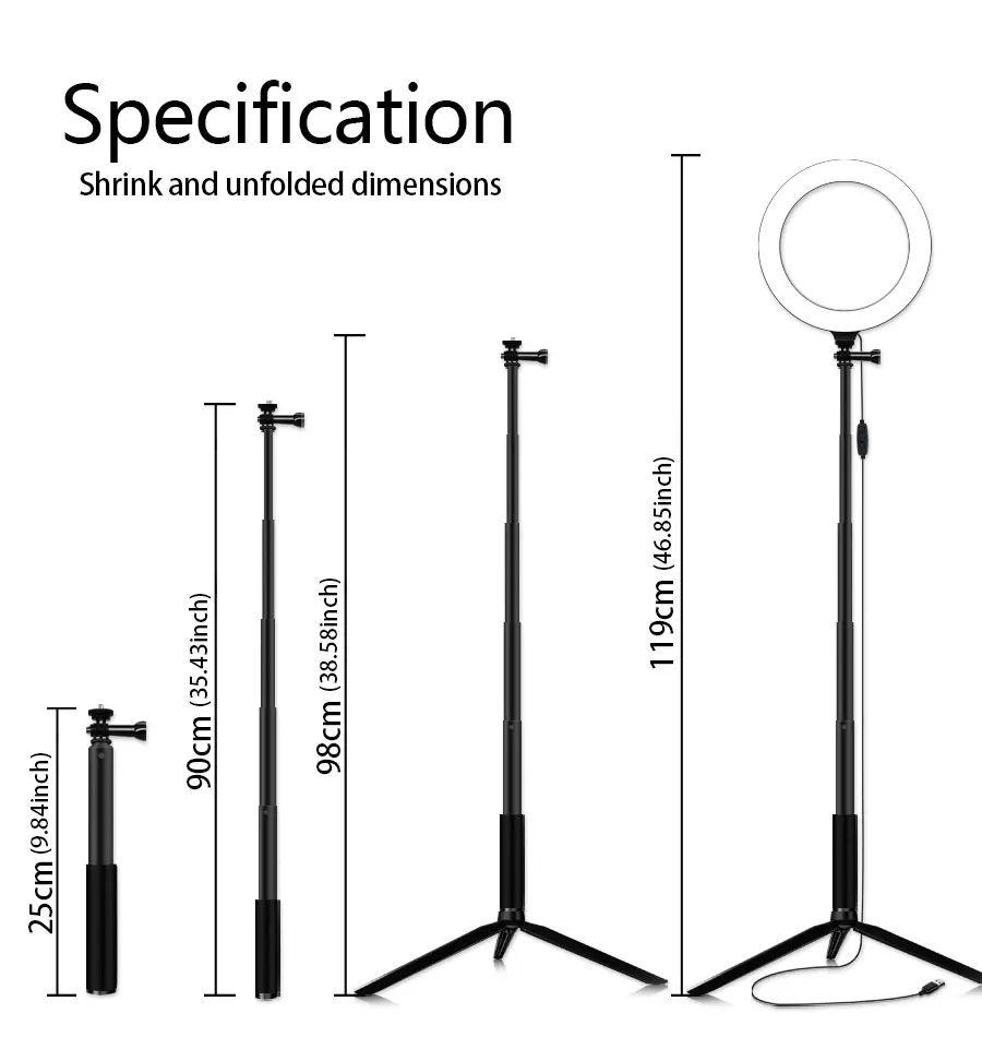 Светодиодная кольцевая лампа с регулируемой яркостью для селфи,фотосъемки, Yutube Live Video Makeup.3500 K-5500 K, с штативом, телефонным держателем и USB кабель