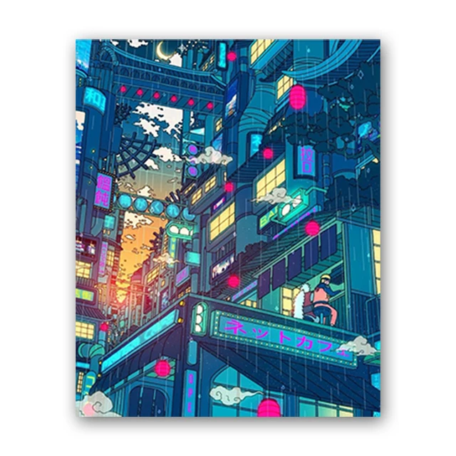Canvas Wall Art Cartoon View Street Prints Poster Home Decoration Night Tree Manga Cute Painting For Bedroom Modular Pictures J-Night-Tree-11