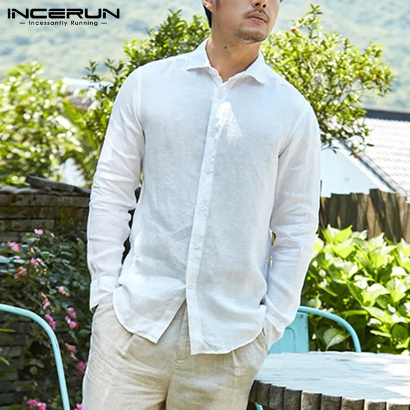 INCERUN Social деловая Мужская рубашка хлопок сплошной цвет длинный рукав отложной воротник модная Кнопка Повседневная брендовая рубашка для