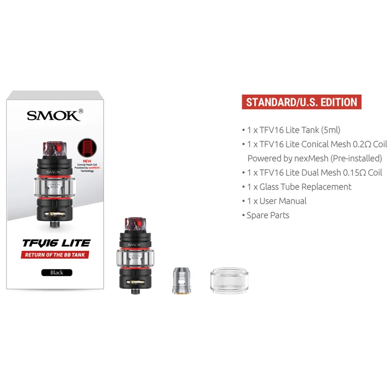 Резервуар SMOK TFV16 lite с конической сеточной катушкой, работающей по технологии nexMesh и двойной сеточной катушкой, емкость 5 мл, 810 смоляный капельный наконечник