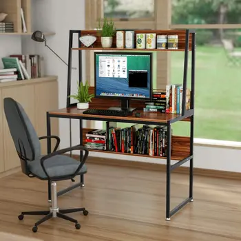 

47 Inch Game Table Computer Desk Student Writing Desk with Wire Cord Hole and Bookshelf Design Workstation for Home, Office