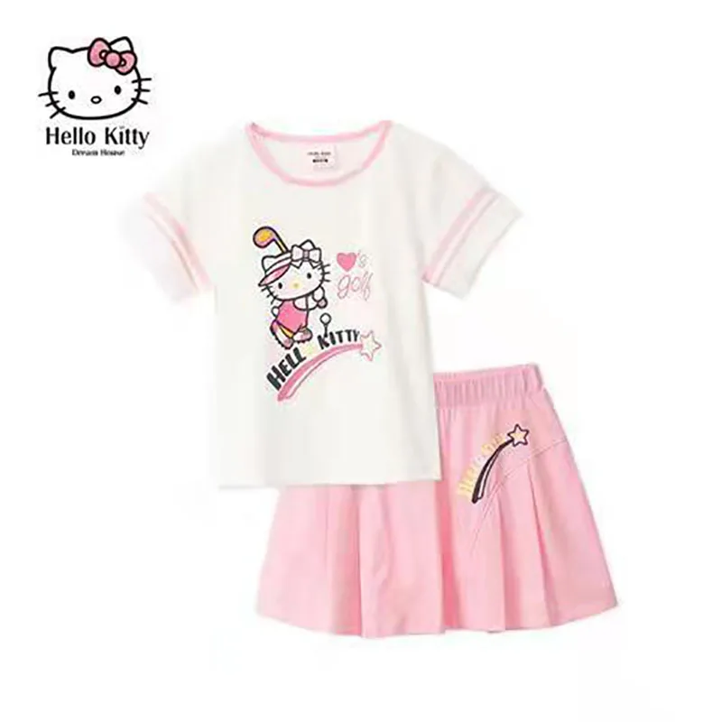 thumbnail image 1 of Hello Kitty-Camiseta deportiva de dibujos animados para niña, conjunto de pantalones cortos, Top de algodón, pantalones informales, traje de dos piezas, novedad de verano, 1 of 5