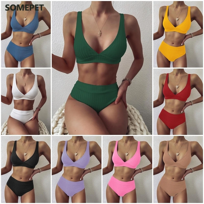 

Пикантные однотонные бикини Peachtan в рубчик 2021, женский купальник с высокой талией, женский купальник с V-образным вырезом, женский спортивный купальный костюм, бикини в полоску