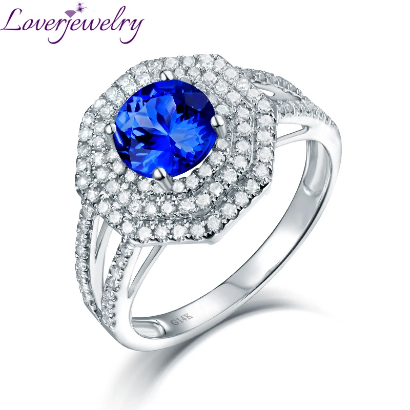 Tanzanite Rings LOVERJEWELRY, женские винтажные кольца, круглые, 7 мм, 14kt, белое золото, натуральный бриллиант, танзанит, кольцо, хорошее ювелирное изделие, подарок на годовщина жены - Цвет камня: Tanzanite Rings