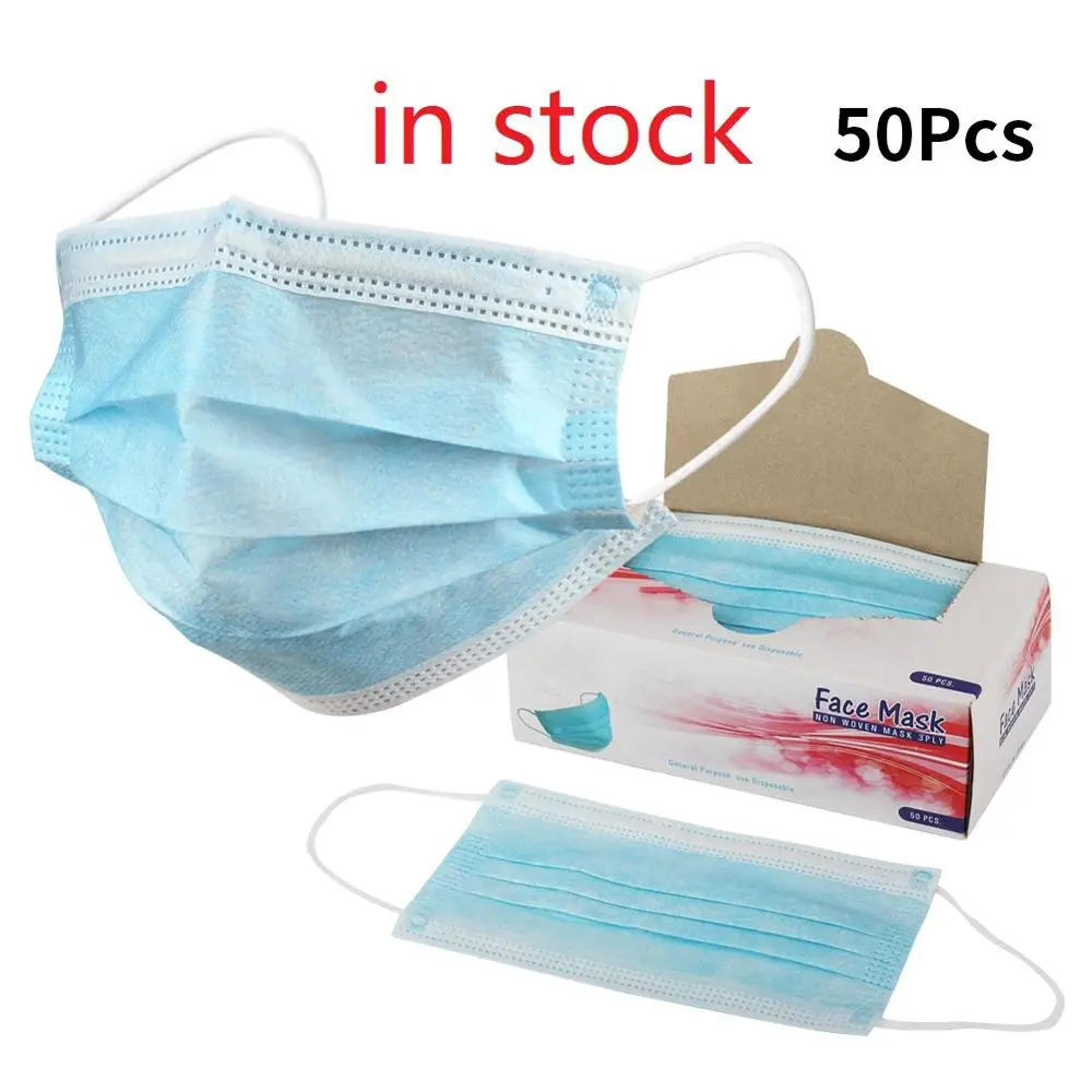 

Hot Sale 50 pcs 3 Layers Medical Masks Face Mouth Masks Non Woven Disposable Anti-Dust Surgical Medical Earloops Masks