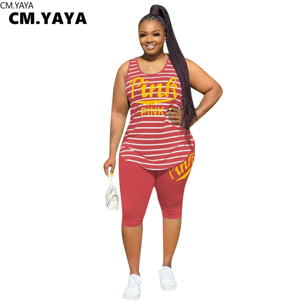 CM.YAYA Women Sets Summer Tracksuits Striped Pink Print Sportswear Tops Knee Length Pants Suit Two Piece Set Street 2Pcs Outfits