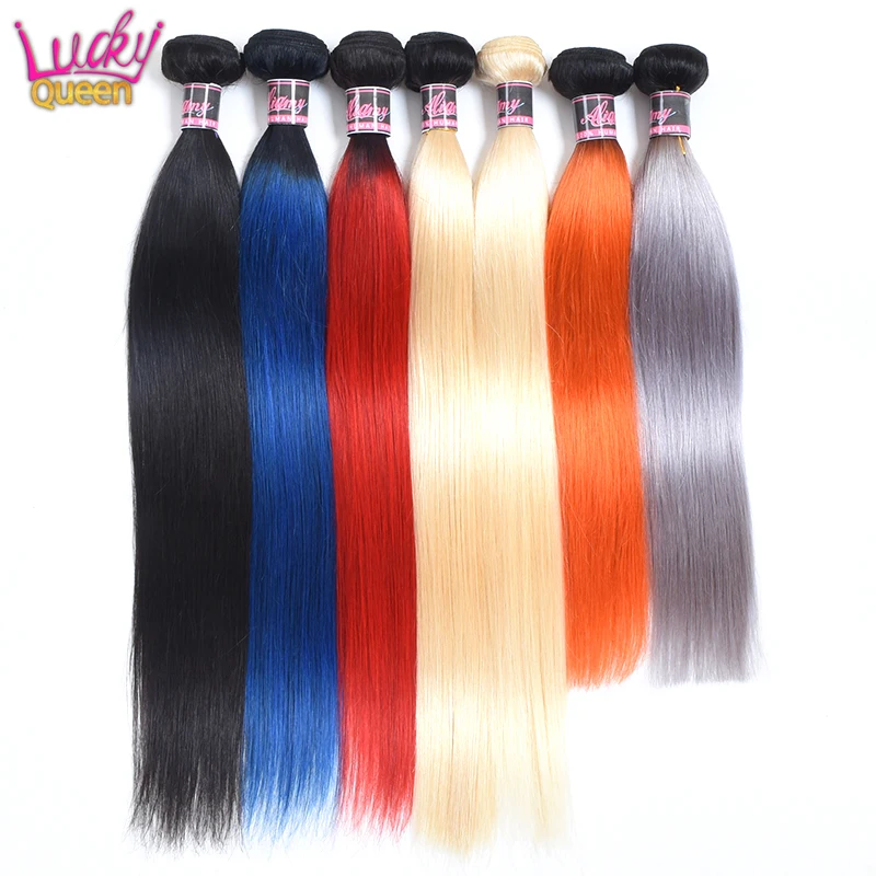 Red/Blue/Grey/Orange/613 Blonde Color Peruvian Straight Remy Hair  Extensions Lucky Queen Human Hair Bundles 10-30 Inches