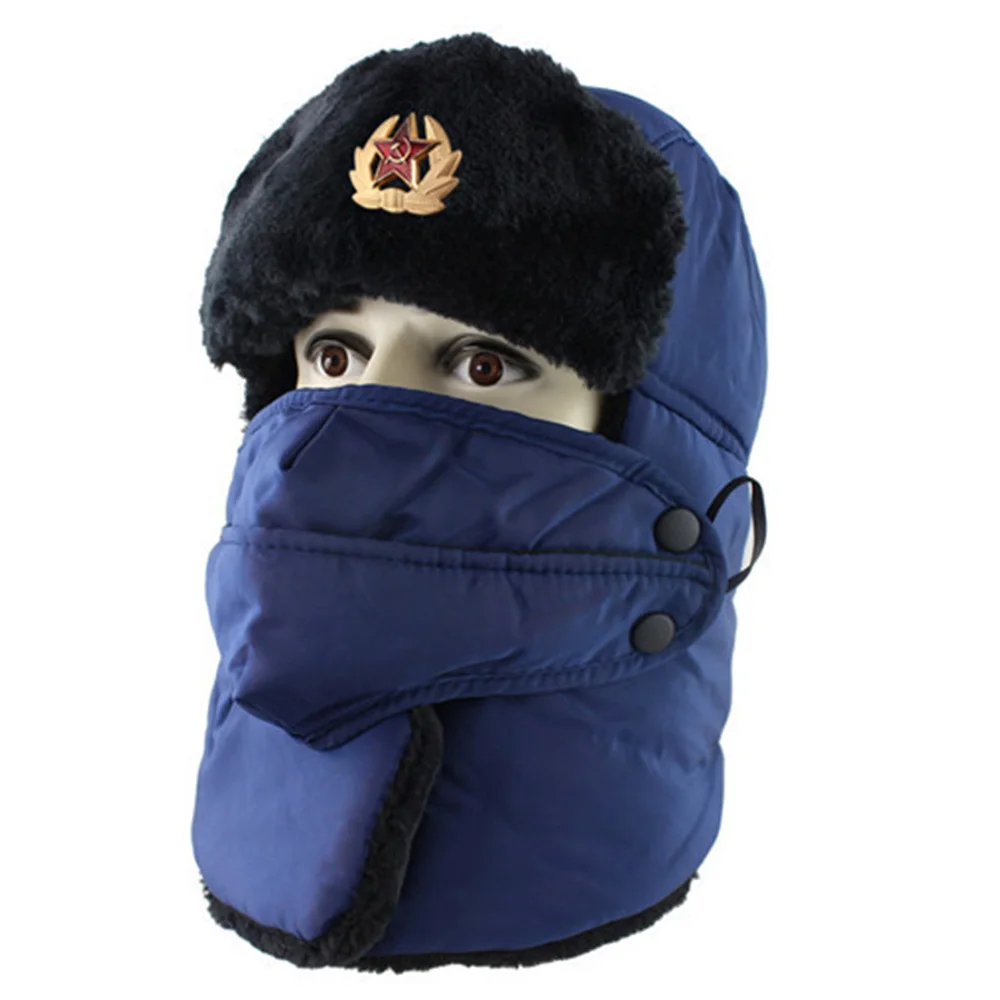 Blue Военные шапки с нашивкой для русской Советской Армии, зимняя ушанка из искусственного меха, шапка-ушанка для пилота, охотника, ушанка, Лыжные шапки для мужчин и женщин - Цвет: Blue