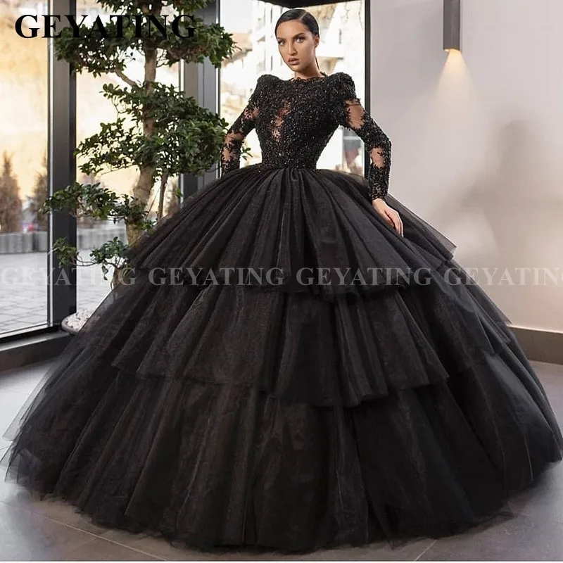 Элегантное Черное мусульманское бальное платье, вечерние платья с длинным рукавом, кружевное с аппликацией Многоярусное Тюлевое платье принцессы, арабские вечерние платья для выпускного вечера