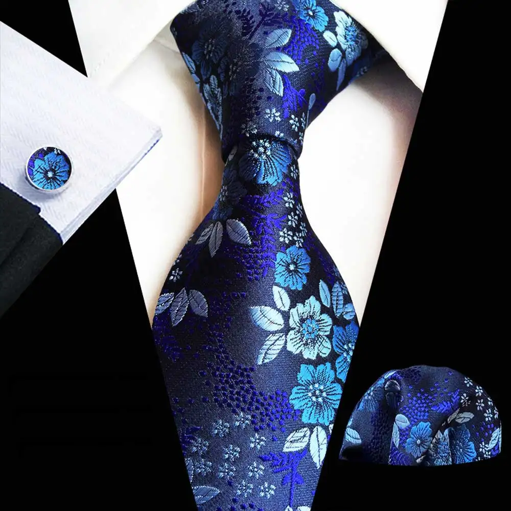  Men’s Tie Pocket Square Cufflinks Colorful Floral Printed Party Handkerchief Set HZTIE0345