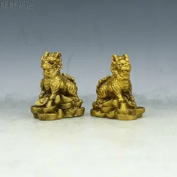 

Chinese antique handmade brass statue fengshui lucky ingot kylin a pair