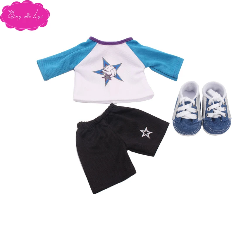 Blue 18 дюймов Девочки Кукла одежда спортивный костюм Мяч Униформа спортивные шорты с американским платье для новорожденных Игрушки подходят 43 см куклы c52 - Цвет: Blue