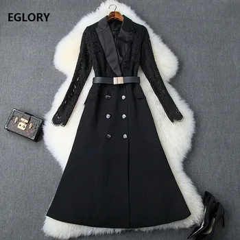 

Elegant Work Dress 2019 Autumn Style Women Notched Collar Lace Patchwork Double Breasted Mid-Calf Length Black Dress Vestidos