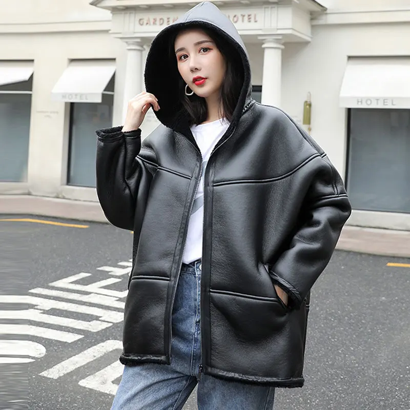 black Европейская шерстяная кожаная куртка для женщин chaquetas mujer модная повседневная куртка с капюшоном большого размера женское Свободное пальто chaqueta mujer - Цвет: black