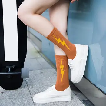 

2020 lowest price Fashion Lightning Print Breathable Elastic Women Soft Middle Tube Crew Socks