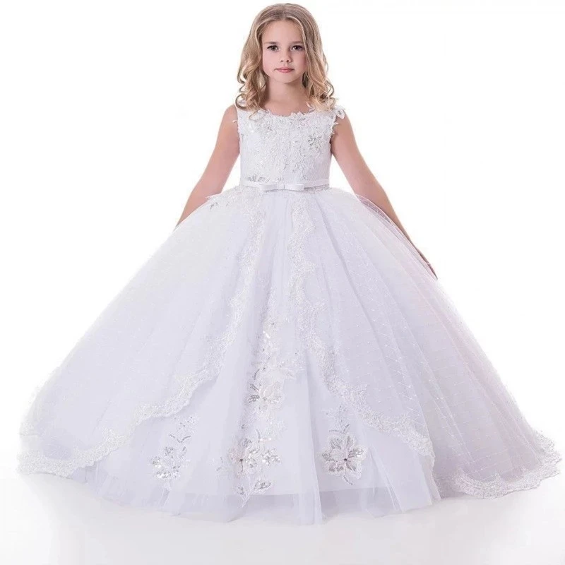 

Tank Ball Gown White Flower Girl Dresses with Overlay Skirt Floor Length Pageant Dress