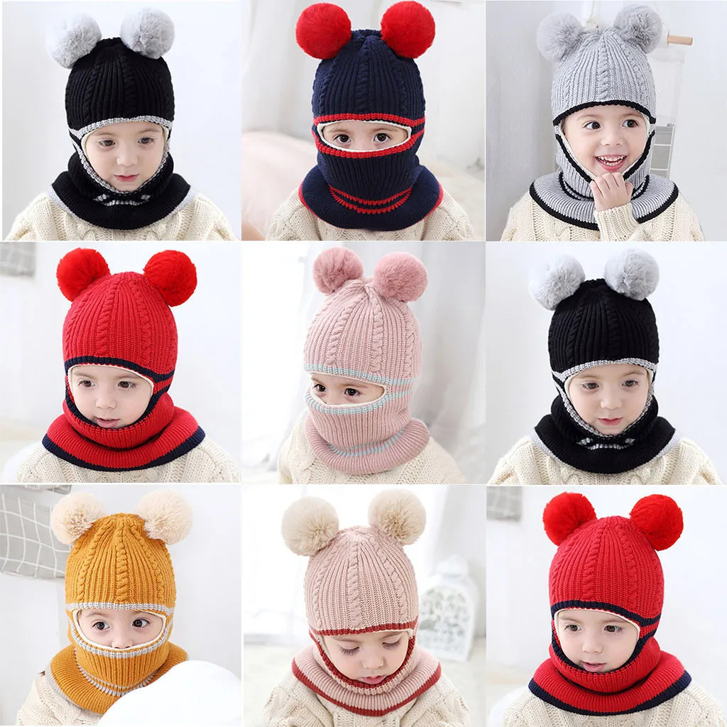 Зимние детские шапки, вязаные шапки с капюшоном для маленьких девочек и мальчиков, теплые шапки с флисовой подкладкой, милые детские шапки с кошачьими ушками