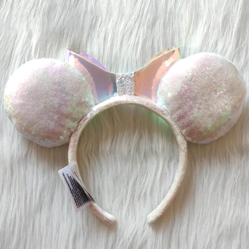 Disney White sequins Mickey Mouse Headband Disneyland Minnie Ears Hard PU Bowknot Headwear Toys Cosplay Party Decoration Gift