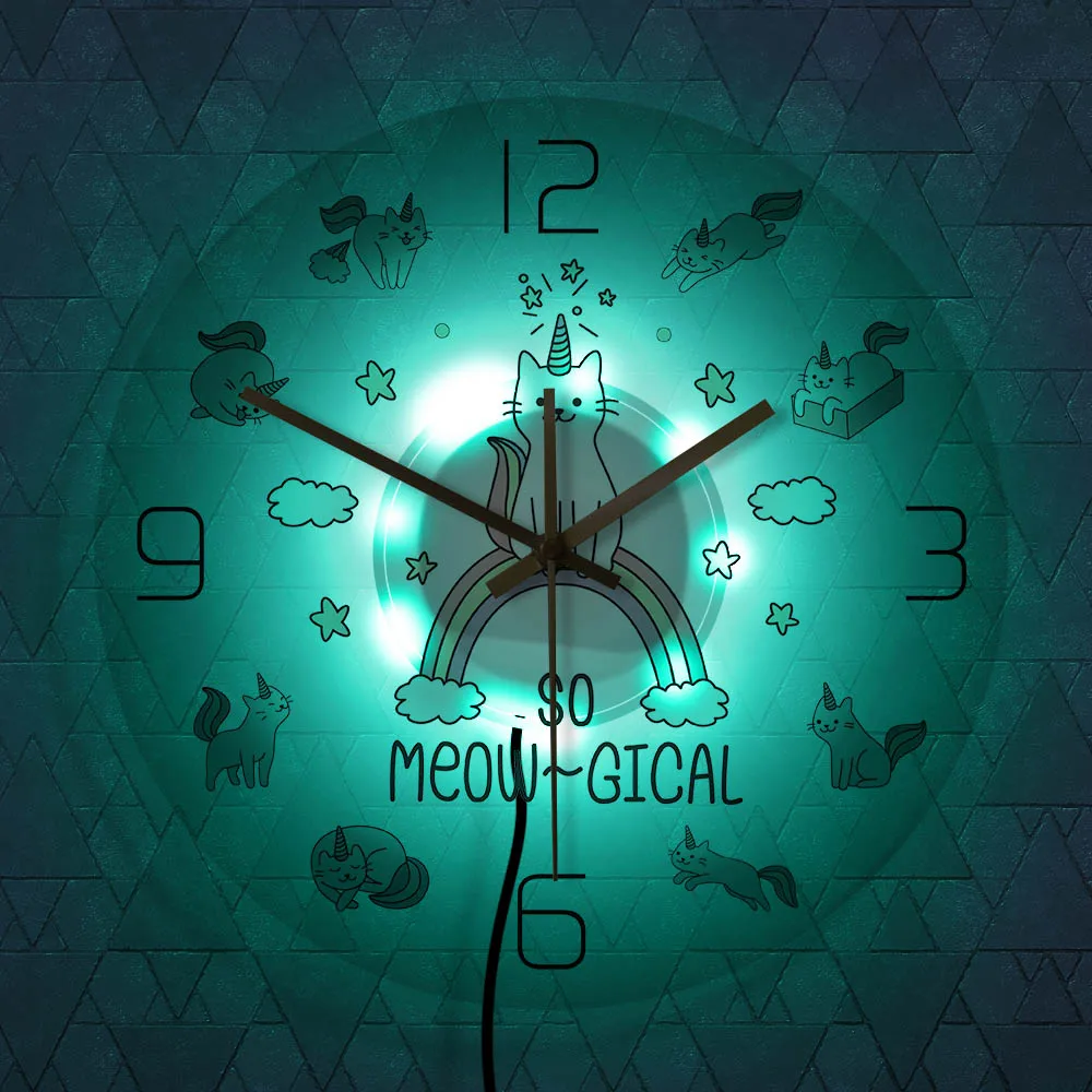 Так мяу-гический прекрасный мультфильм Кот Единорог настенные часы милый мистический Китти довольно катикорн настенный свет Радуга облако кошка Настенный декор