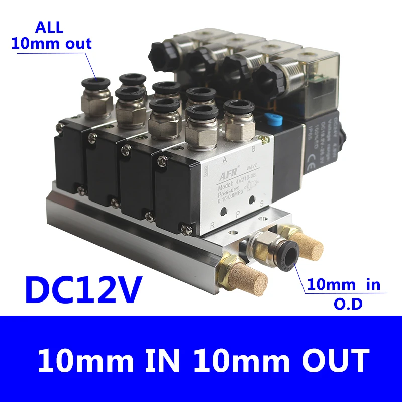 4V110-06 DC24V 12V 2 положения 5 способ Четырехместный электромагнитный клапан Алюминий базовый фитинг глушители комплект для детей 3, 4, 5, 6 станций AC220V AC110V - Цвет: DC12V 10 IN 10 OUT