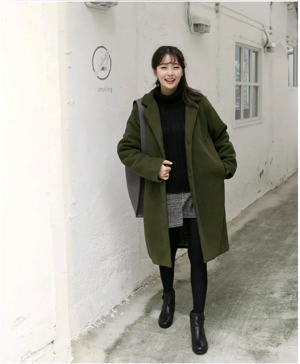 Autumn Winter New Women loose Medium Length Woolen Coat Female Fashion Casual Jackets Thick Warm Solid Color Coats CA3348