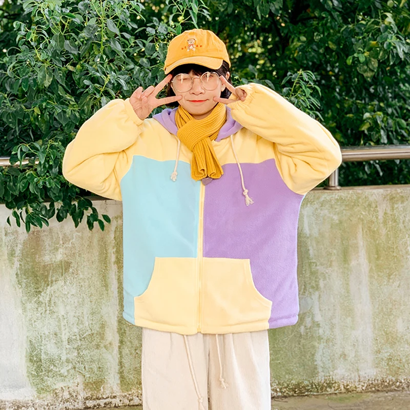 Winter New Preppy Style Macaron Color Stitching Sweet Women Winter Basic Jackets Thick Warm Flannel Outwear Coats Hooded