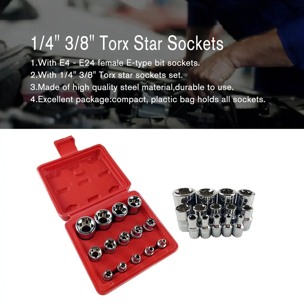14Pcs/set Female E Type Bit Sockets Wrench Head E4 - E24 1/4\ 14Pcs/set Female E Type Bit Sockets Wrench Head E4 - E24 1/4\