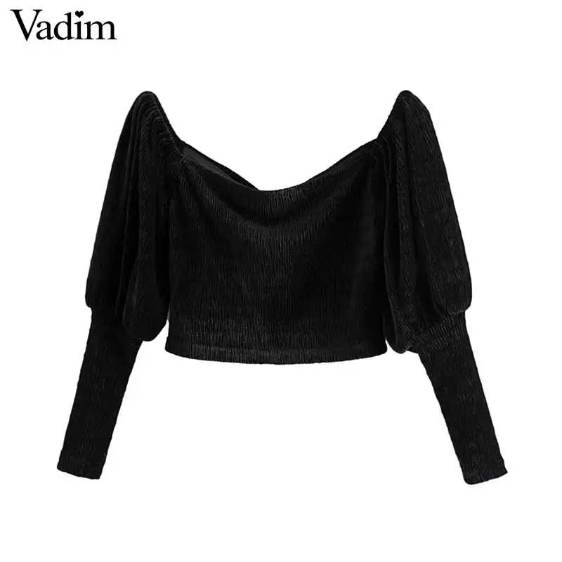 Vadim Женская Ретро Вельветовая черная короткая блузка с длинным рукавом Сексуальная V образным вырезом рубашки женские винтажные повседневные кроп Топы blusas LB572