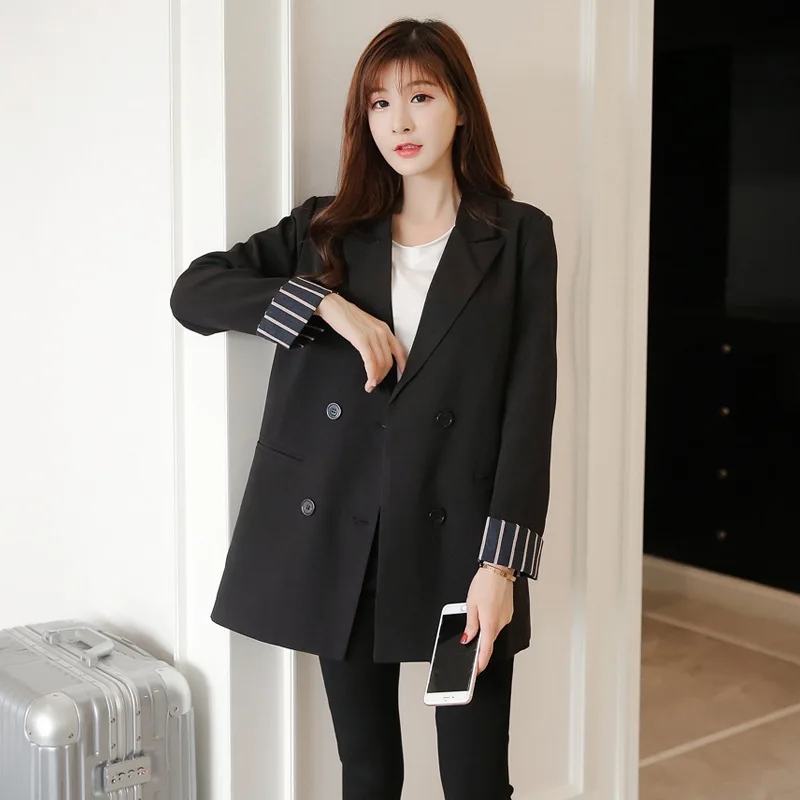 

2019 Spring Photo Shoot New Style Korean-style Fold Sleeve Contrast Color Mid-length Commuting Suit Jacket WOMEN'S Coat