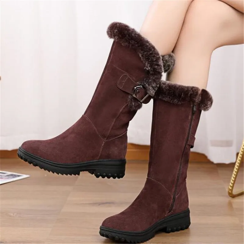New Winter Fashion Boots Scrub Cowhide Rabbit Fur Women Snow Boots Flat Wedges Non-slip In-tube Boot Women Leather Shoes Boots