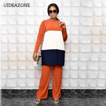 

UIDEAZONE Contrast Color Patchwork Women Two Piece Set Plus Size Long Sleeve Pullovers Elastic Waist Patns Sets Woman Sets 5XL