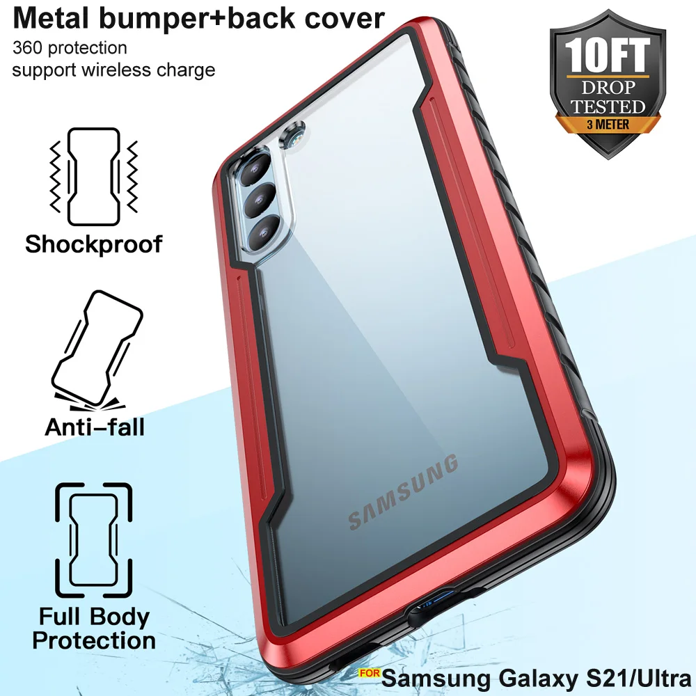 Transparent Phone case for Samsung Galaxy S21 Ultra Case Metal Aluminum Bumper Shockproof Case For Galaxy S21 Plus back Cover