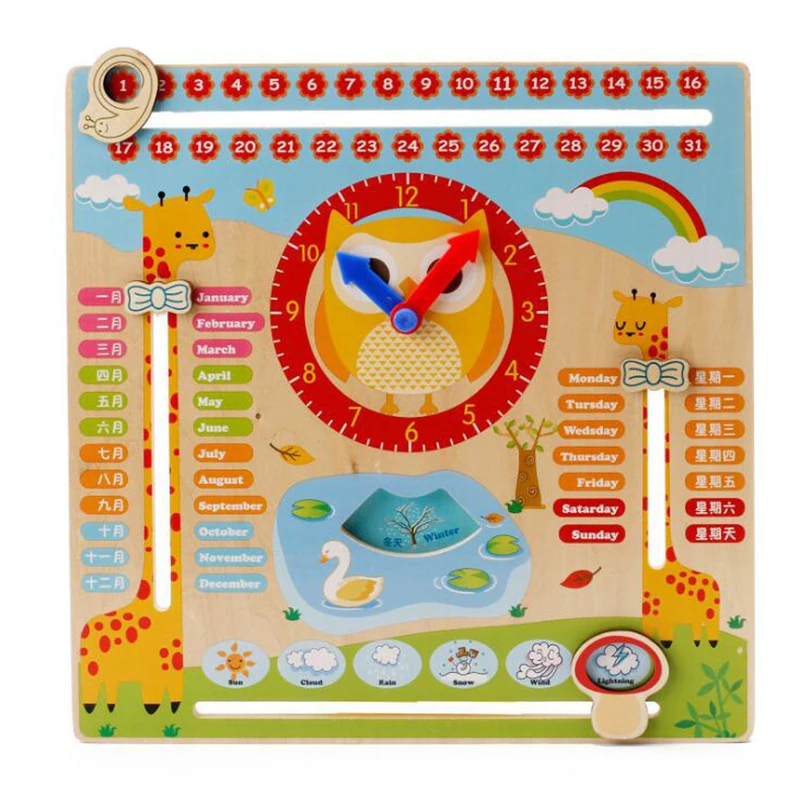 Wood Clock Calendar Days Seasons Weather Preschool Time Learning Kids Toy Board 