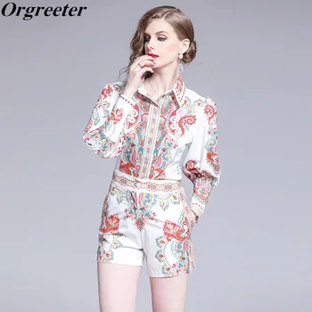 

2019 Autumn New Exquisite Baroque pattern Print Long Lantern Sleeve Single-Breasted Shirt Blouse and Shorts 2 Piece Set Women