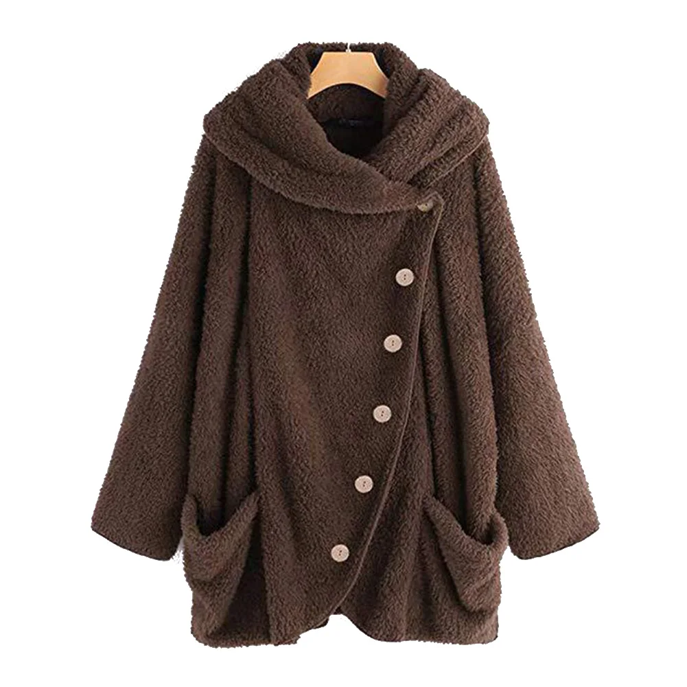 

Ladies Fluffy Hooded Plus Size Long Sleeve Thick Winter Warm Street Casual Women Coat Fashion Outwear Solid Teddy Fleece