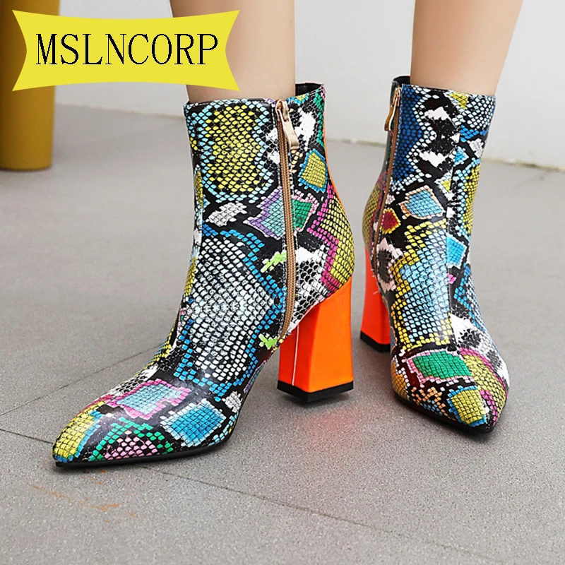 

Plus Size 34-48 Zip Shoes Female Autumn Winter Shoes Serpentine Print Leather Ankle Boots Pointed Toe Boots Heels Shoes Boots