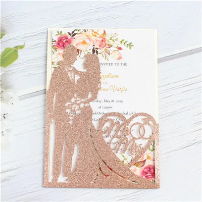 glittery rose gold Романтическое Свадебное приглашение Mr Mrs лазерная резка карты свадебный душ сохранить день поставки персонализированная печать 50 шт./лот - Цвет: glittery rose gold