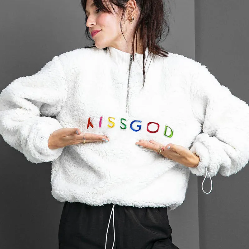 

Lamb Wool Female Letter Print Top Stand-up Collar Long-sleeved Short Pullover Ladies Autumn Warm Clothing Trendy Street Wear