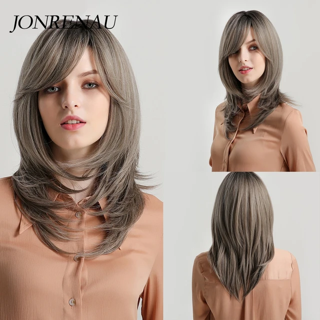 JONRENAU Long Natural Synthetic Straight Layered Hairstyle Wig Black Ombre Brown To Blonde Wigs for Black Women with Bangs Hair lc242-2