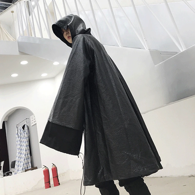 Autumn Winter Long Leather Trench Coat Men Hip Hip Punk Hooded Cloak Black Vintage Gothic Overcoat Jacket