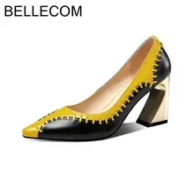 BELLECOM/Женская обувь из натуральной кожи; женская обувь на плоской подошве; грубые тонкие туфли на высоком каблуке с закрытым носком; zapatos de mujer