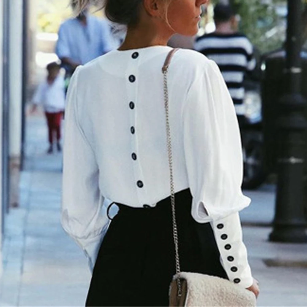 

JODIMITTY V-Neck Women White Blouse Shirts Puff Sleeve Button Summer Autumn Lady Shirt Top Female Office Chiffon Blouse Tops