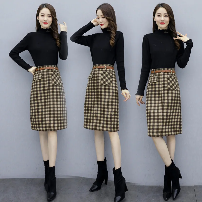 

Fashion Elegant Hoodie with Sleeves Versatile Plaid Short Skirt Elegant 2019 Winter Set